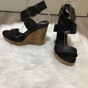 Stuart Weitzman black cork wrap wedges